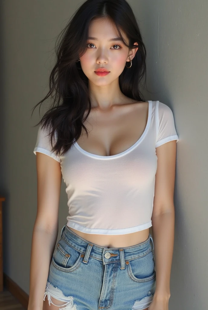 bestquality, masterpiece, high-res, 10, (Realistic: 1.4), ultra-high resolution, 1 girl, ultra-detail, surreal, highly detailed CG illustration, official art, cinematic light, reality, Young Beautiful Girl, Perfect Figure, Perfect Figure, Full view, Perfect body, (Start below: 1.3), a mask, Pose, Sexy long legs, confident, Pretty Sexy, Grey short-sleeved shirt, Open abdomen, black shorts, S-shaped body, Hip inverted, assume, posed, Different perspectives