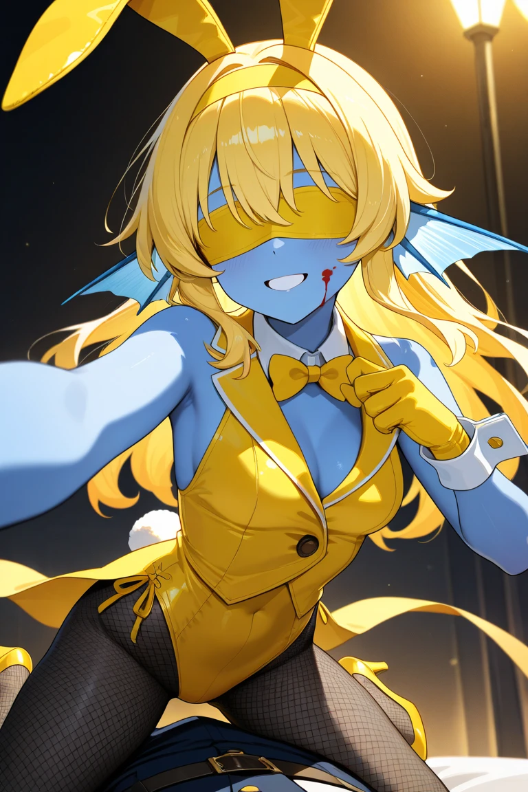 angel, wing, masterpiece, detailed quality, 1girl, solo, gradient background, score_9, source_anime, score_8_up, score_7_up, x3dce, 3d, IncrsXLBrknGls, broken glass, upper body, (reflection), ebiblue, gesugao, glowing eyes, blush, masochist, wide smile, hands on face, drool, floating hair, debris, Put on a blindfold