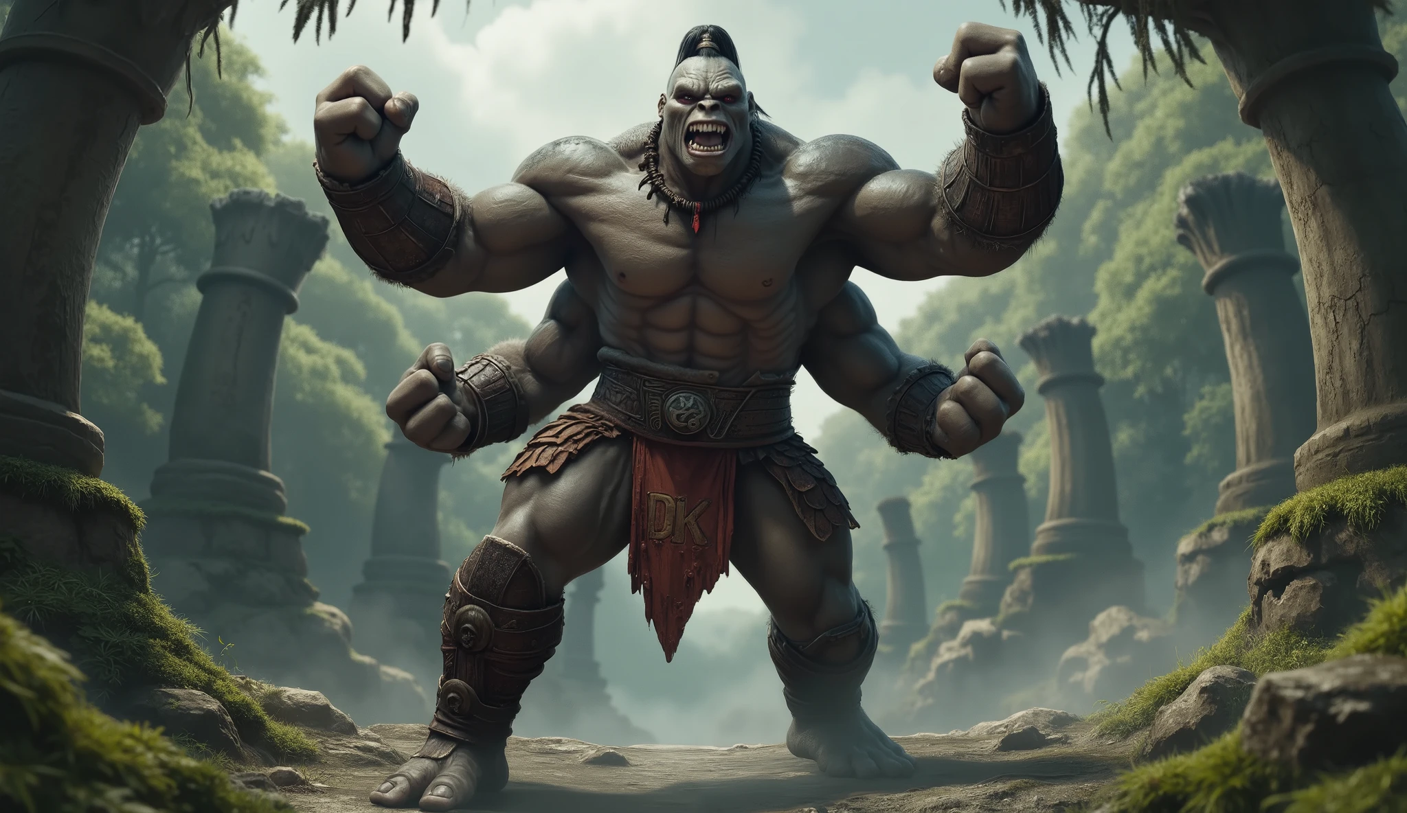 A hyper-realistic, cinematic, live-action shot of A colossal, four-armed humanoid gorilla, ultra-realistic and menacing yet agile. His body is covered in dark, textured fur, with visible muscles rippling beneath. His lower pair of arms is thick and powerful, while the upper arms are slightly more slender but equally strong, raised in a dominant posture. His face blends Goro’s snarling expression with Donkey Kong’s primal features: fierce, animalistic eyes, a wide mouth filled with sharp teeth, and a pronounced brow ridge. He wears a torn red tie around his thick neck with the faint initials "DK," and gladiator-style armored straps across his chest and arms. The background is a misty jungle arena, with ancient stone ruins overgrown by vines and beams of light filtering through the foliage.