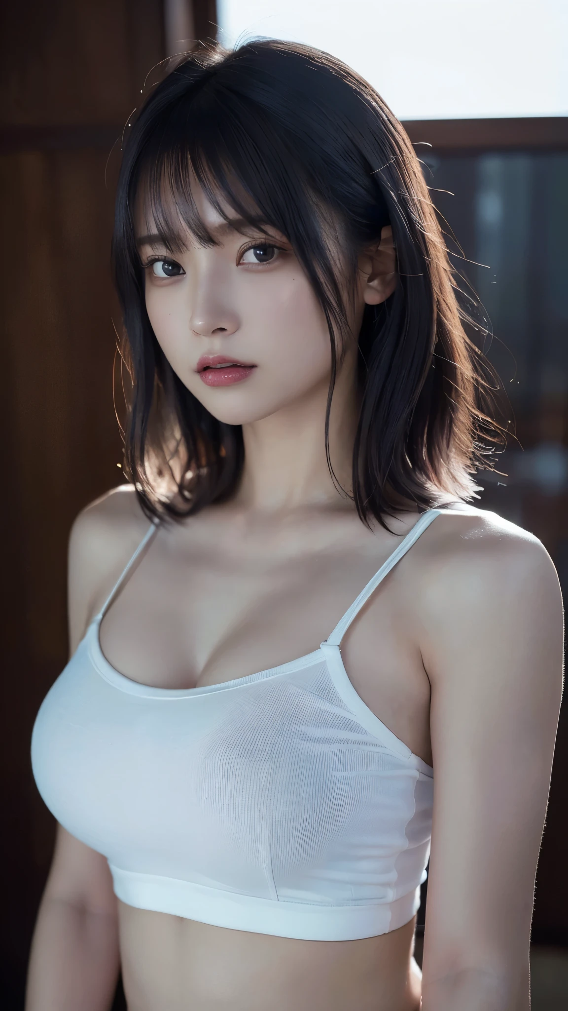 Masterpiece, top quality, ultra high resolution, high detailed portrait, (photorealistic photo: 1.4), (1 girl) ((1 girl, white fair skin, kneeling, from above, looking up at the viewer, face close-up, 19 years old, pretty, cute, pretty black hair, shiny black hair, bob_cut, short hair, big breasts, big)) (attractive, simple blue and white two-tone uniform, uniform, Shiny clothes, dripping wet body) (portrait of a famous actress of Japan), (smile, happy, joyful, cheerful, close mouth), (breasts tucked between arms between breasts), high detailed eyes, ((really snow-white background, nothing background)), ((long neck, bangs, bangs, clean face, gaze staring at the camera, eyelashes, big eyes, clear double eyelids, teary moles, shiny skin, clean skin quality, clean collarbones, Lip gloss))