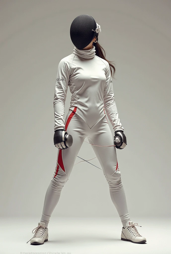 Fencing sports competition holding a long sword wearing white fencing clothes --auto