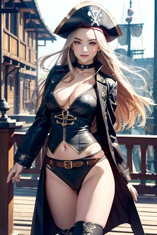 A beautiful woman wearing pirate costume , in pirate ship, black clouds in the sky, super detailed look, perfect body shape and hands, beautiful big eyes, standing, front view, cinematic lightening