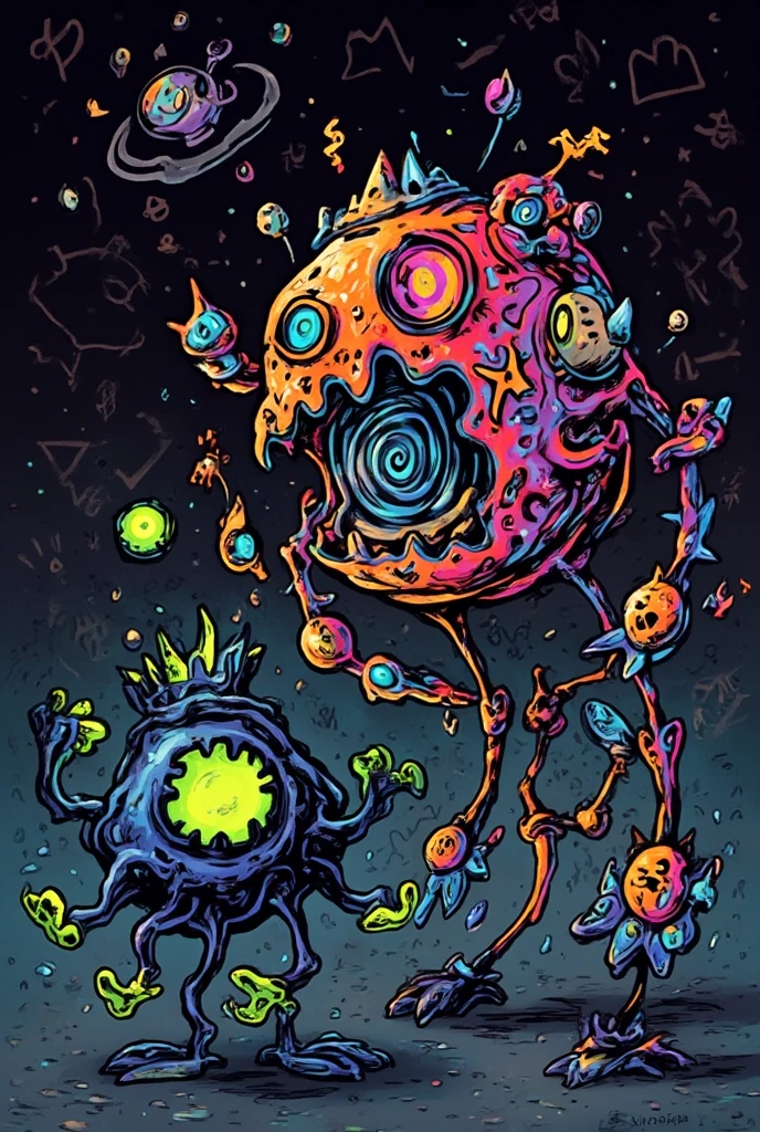 Psychedelic style nano-infused mutants, mutants with nanobots integrating into their bodies, granting extraordinary abilities, a dark nebula in the background, . Vibrant colors, swirling patterns, abstract forms, surreal, trippy