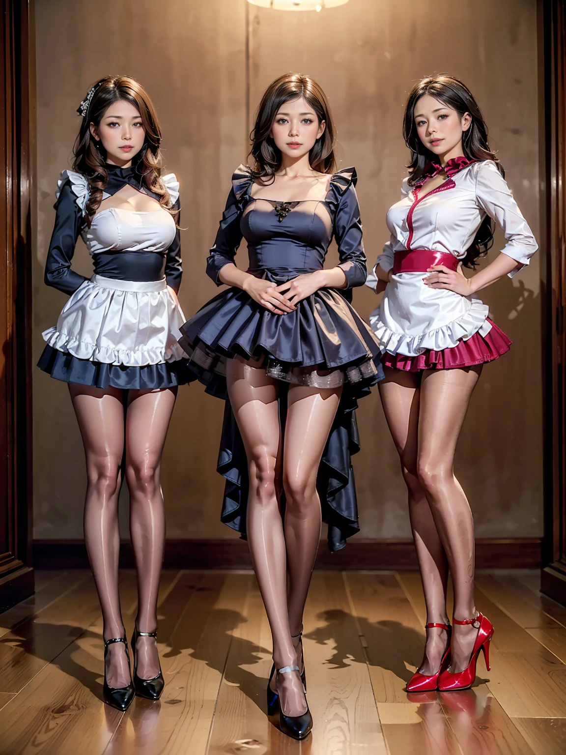 masterpiece, Highest quality, (Normal limbs), Too cute face, Shiny skin:1.5, slender, Big Breasts:1.3, garden, Three beautiful women standing side by side, High School Cheergirl Costumes, From the thigh up