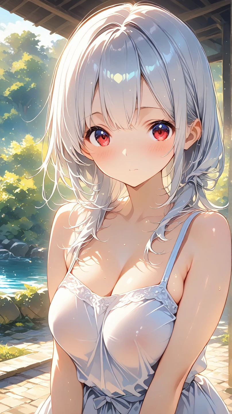 (1girl:1.15), (solo:1.2), (loli:1.5),(white hair:1.2), (flat chest:1.4),crossed bangs, (very long hair:1.1), (hair slicked back:1.25), (hair over shoulder:1.25), wet hair, red eyes, (shy:1.3), nose blush, blush, (ear blush:1.25), (no bra:1.2), upper body, (facing away:1.25), (looking over shoulder:1.25), Not wearing clothes, (bathe:1.3), (covering breasts:1.15), (convenient arm:1.15), (lake:1.1), beautiful detailed water, petals on liquid, peach blossom, beautiful detailed sky, (blurry foreground:1.1), (panorama:1.2), (distant view:1.2), ray tracing, lens flare, masterpiece, best quality,