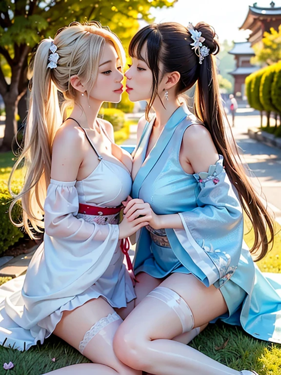 ulzzang-6500-v1.1, (highest quality, masterpiece), (raw photo: 1.2), (photorealistic: 1.4), highest quality, master, illustration, very tasty and beautiful, highly detailed CG, unity, 8k wallpaper, amazing, fine details, master masterpiece, best quality, official art, highly detailed CG unified 8k wallpaper, huge file size, Very detailed, high resolution, 2-4 girls, (snugly next to each other without separation between characters), teens to twenties, (representation of the human body based on precise anatomy), intricate details, crimson dress made of silk, see-through, dress that emphasizes the buttocks, girl in Japan uniform, (looks at the person next to you), (gaze is next to you), blonde, (very large breasts)))), (big buttocks), Thin thighs, very beautiful eyes, bright ultramarine eyes, detailed pupils reflecting light, the iris of the eyes is painted with fine patterned details, natural eye shadow, the body has realistic shading that assumes a light source, cute girl and mature beauty, whitening skin, baby face, (various poses before and after standing or squatting or sleeping), poses that emphasize the buttocks, blush, do not want to hide the buttocks, ecstatic look, troubled look, slight smile, many races, showing off plump ass, people who firmly believe that buttocks are important and want to show off their ass, bare buttocks, backward posture, floral decoration on head, hugging and lightly caressing cheeks with neighboring people, holding hands, NSFW, beautiful garden with flowers, clear sunshine,