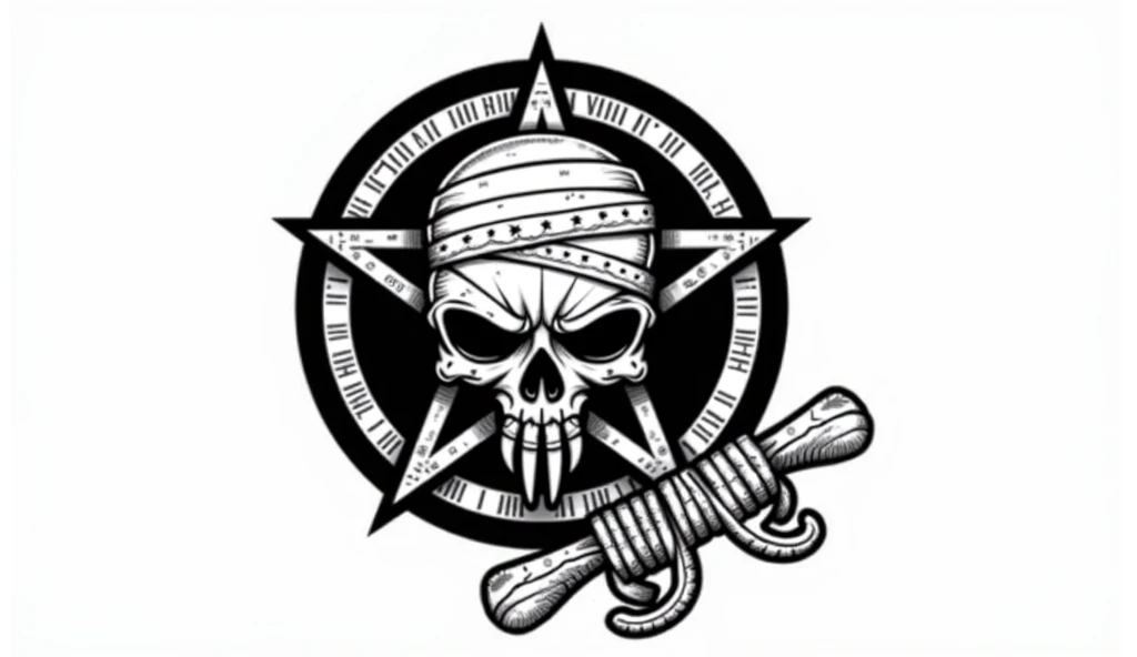 Pirate flag with a triceratops skull in the center surrounded by a circle