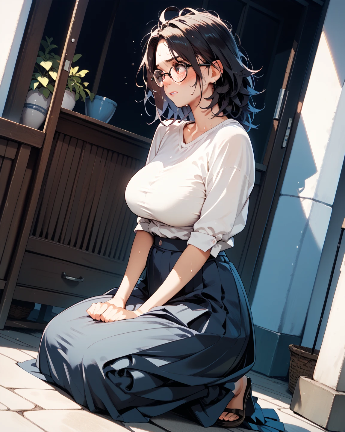 high resolution, Photo of a beautiful woman detailed_face, young handsome girl,realistic:0.5, perfect skin, (wearing a glasses:1.5), (ultra-detailed background, detailed background), bokeh, make happy expressions, happy emotion, gorgeous,pure, beautyfull detailed face and eyes,breasts, (black eyes:1.1), (Audrey Hepburn:1.3), (a extremely pretty and beautiful Japanese woman), (sexy girl), (professional attire:1.3), (22 years old: 1.1), BREAK, (blue high-neck sweater:1.2, long sleeve:1.2), (beige Pleated skirt:1.2), (leather boots))), cleavage, beautiful detailed skin, (cute:1.2), (blonde hair), ((jpop idol)), (upper thigh:0.6), (depth of field),soft light, Lens Glow looking at viewer, (Drooping eyes:1.2), straight teeth,smile, floating hair, (blond hair:1.2), brown eyes BREAK movie scene, cinematic, full colors, 4k, 8k, 16k, RAW photo, masterpiece, professionally color graded, professional photography, high school girl, hair up, , soft clean focus, realistic lighting and shading, (an extremely delicate and beautiful art)1.3, elegant,active angle,dynamism pose BREAK (ponytail:1.3), (shiny-black thin hair:1.2), bangs, dark brown eyes, beautiful eyes, princess eyes, (big eyes:1.3), bangs, wearing a glasses:1.3, Hair between eyes, short hair:1.3, (slender:1.1), (medium-breasts:0.95), (thin waist: 1.15), (detailed beautiful girl: 1.4), Parted lips, Red lips, full-make-up face, (shiny skin), ((Perfect Female Body)), (upper body image:1.3), Perfect Anatomy, Perfect Proportions, (most beautiful Korean actress face:1.3, extremely cute and beautiful Japanese actress face:1.3), ,(1glasses girl:1.3, solo), ,(blush:1.1), gray background, solo focus, (bust shot:1.2), cinematic light, (nostalgic night scene:1.4), (aquariums:1.4), the vibrant glow of neon lights, Huge sink、Marine life、shark、blue whale、manta ray、 (arms behind back :1.4), (looking at viewer:1.2(nsfw, nude, naked, spreading legs, sitting , bedroom, hairy pubic hair, view from front)),