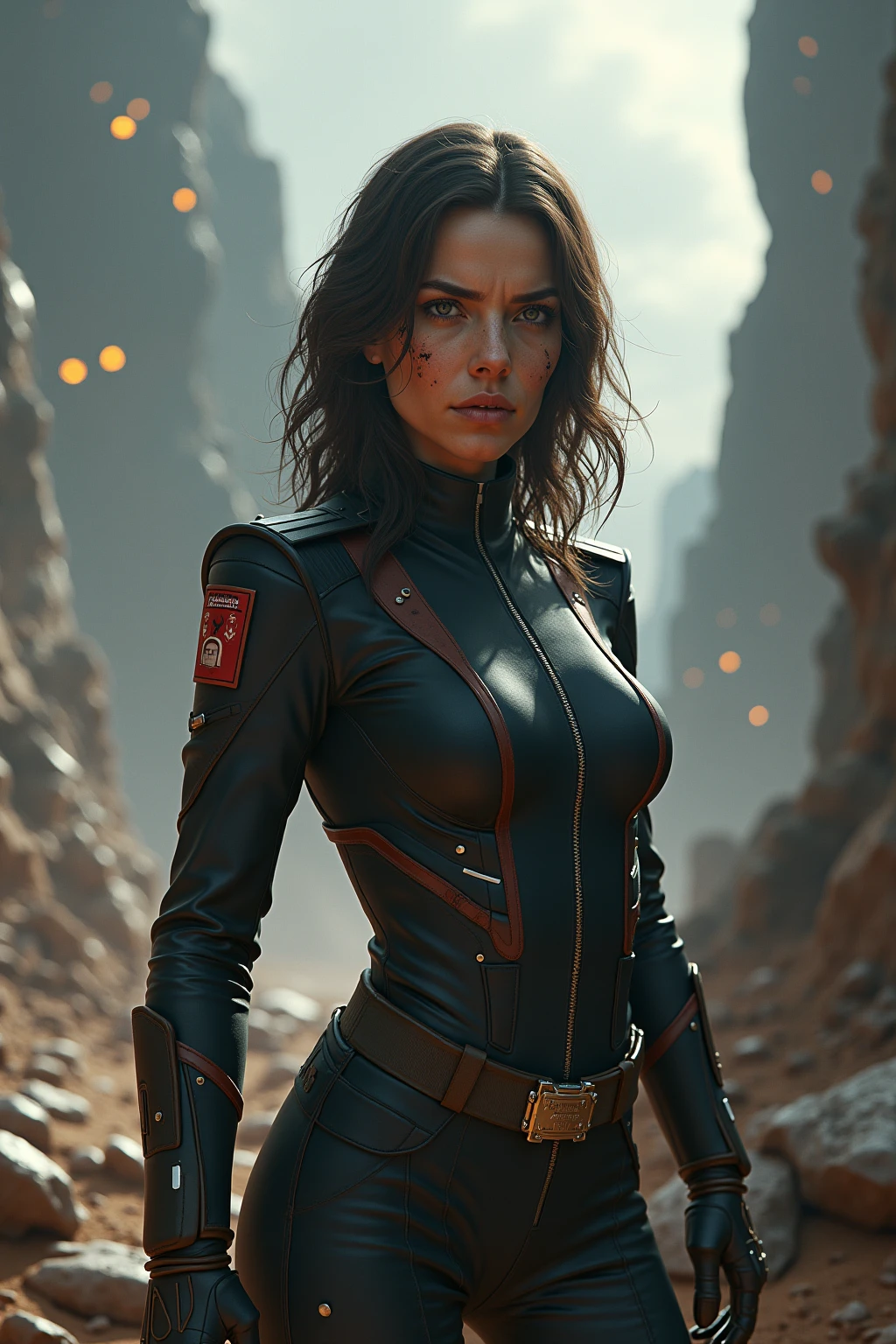an attractive woman [gunslinger:bounty hunter:0.4] standing in a scifi wilderness (boxedfutures style:1) <lora:djzBoxedFutures_LB2:0.8>