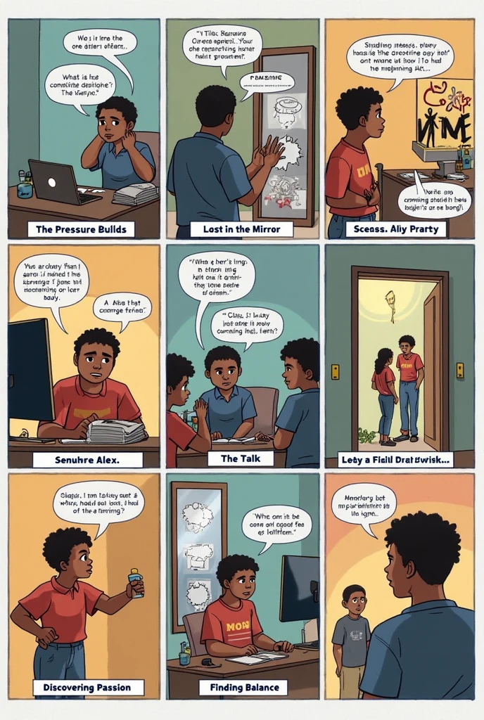 Panel 1: The Pressure Builds
Scene: Alex is at their desk, buried in books, laptop open, sticky notes everywhere.
Caption: “Senior year. College apps, deadlines, exams… it’s a lot.”
Alex (thought bubble): “What if I fail? What if I’m not good enough?”

Panel 2: Lost in the Mirror
Scene: Alex stands in front of a mirror, frowning, different versions of themselves drawn faintly behind the reflection (athlete, artist, etc.).
Caption: “Lately, even looking in the mirror feels confusing.”
Alex (thought bubble): “Who am I supposed to be?”

Panel 3: The Party
Scene: Alex is at a house party. A friend offers them a drink.
Friend: “, just one drink! Don’t be boring!”
Caption: “Fitting in comes with pressure.”
Alex (thought bubble): “I don’t want to, but I don’t want to be left out either…”

Panel 4: The Talk
Scene: Alex sitting on a couch talking to their older sibling or mentor.
Mentor: “It’s okay to not have everything figured out. Just be true to yourself.”
Caption: “A simple conversation made a big difference.”

Panel 5: Finding Strength
Scene: Back at another social event, Alex politely declines a drink with a confident smile.
Alex: “I’m good, thanks.”
Caption: “Choosing your path isn’t always easy—but it’s worth it.”

Panel 6: Discovering Passion
Scene: Alex at a desk, sketching, writing, or working on a creative project. They look peaceful and happy.
Caption: “Exploring passions helped Alex feel more like… Alex.”
Alex (thought bubble): “I love this. Maybe I am on to something.”

Panel 7: Finding Balance
Scene: Alex using a planner and study schedule, a calmer atmosphere than before.
Caption: “With better habits and support, the stress didn’t feel as heavy.”
Alex (thought bubble): “One step at a time.”

Panel 8: A New Chapter
Scene: Graduation day. Alex smiles, cap in hand, looking out toward the horizon.
Caption: “Alex didn’t have all the answers—but they had courage, support, and hope.”
Alex (thought bubble): “This is just the beginning.”
Make a comic strip about on that 8 panel