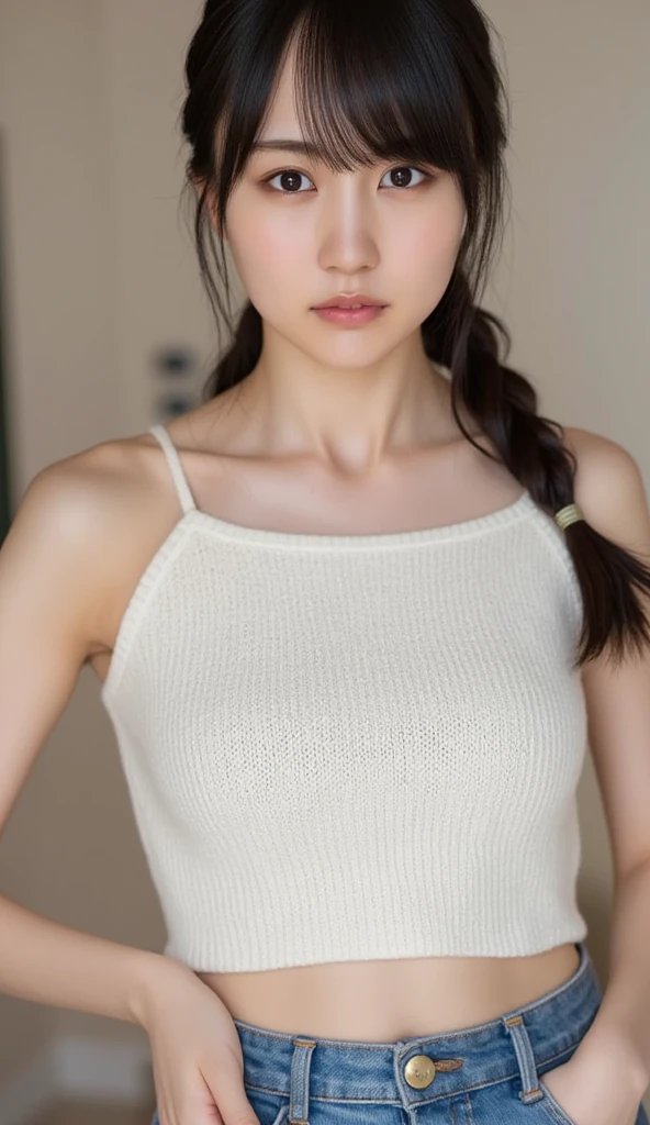 Tall girl with less face fat plump lips, defined eyebrows, and upturned nose. She has a light complexion with rosy cheeks and freckles. Her hair is dark brown and often styled in a high ponytail fit personality white dress