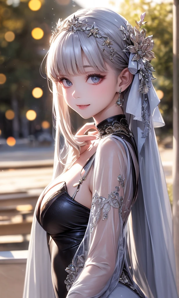 (masterpiece, Highest quality),8Kmasterpiece、Ultra-high resolution、(Realistic:1.3)、RAW Photos、Beautiful woman 1 person、(((Silver-white medium straight hair:1.2)))、Glowing Skin、1. Super beautiful cyberpunk soldier、((Ultra-Realistic Details))、(Portrait facing the front:1.2 )、Global Illumination、Shadow、Octane Rendering:1.2, Ultra Sharp、Beautiful breasts、Bare skin exposed at the cleavage、metals、Cool colors、、Very intricate details、Realistic Light、CGSoation trend、Beautiful Eyes、Big bright eyes、A gentle gaze toward a lover:1.2 、Highlights the eyes:1.2、(((Looking straight at the camera:1.2、Strike a random pose for the camera.:1.2))))、Long neck、With a little smile:1.2 、Ideal body type 、Neon Details、((Kissing expression))、((Red pupils))、( Shrug:1.2)、Expose your shoulders, Cleavage:1.2、Narrow waist、 Beautiful details, Chest Details, (A beautiful damask dress with a deep neckline and random colors:1.4), very good, , (Camel toe details), Very detailed, Highest quality, Tabletop, Outdoor 、A spacious space with greenery and flower beds々and space々A beautiful garden and::1.4、garden 、wind , From the side 、