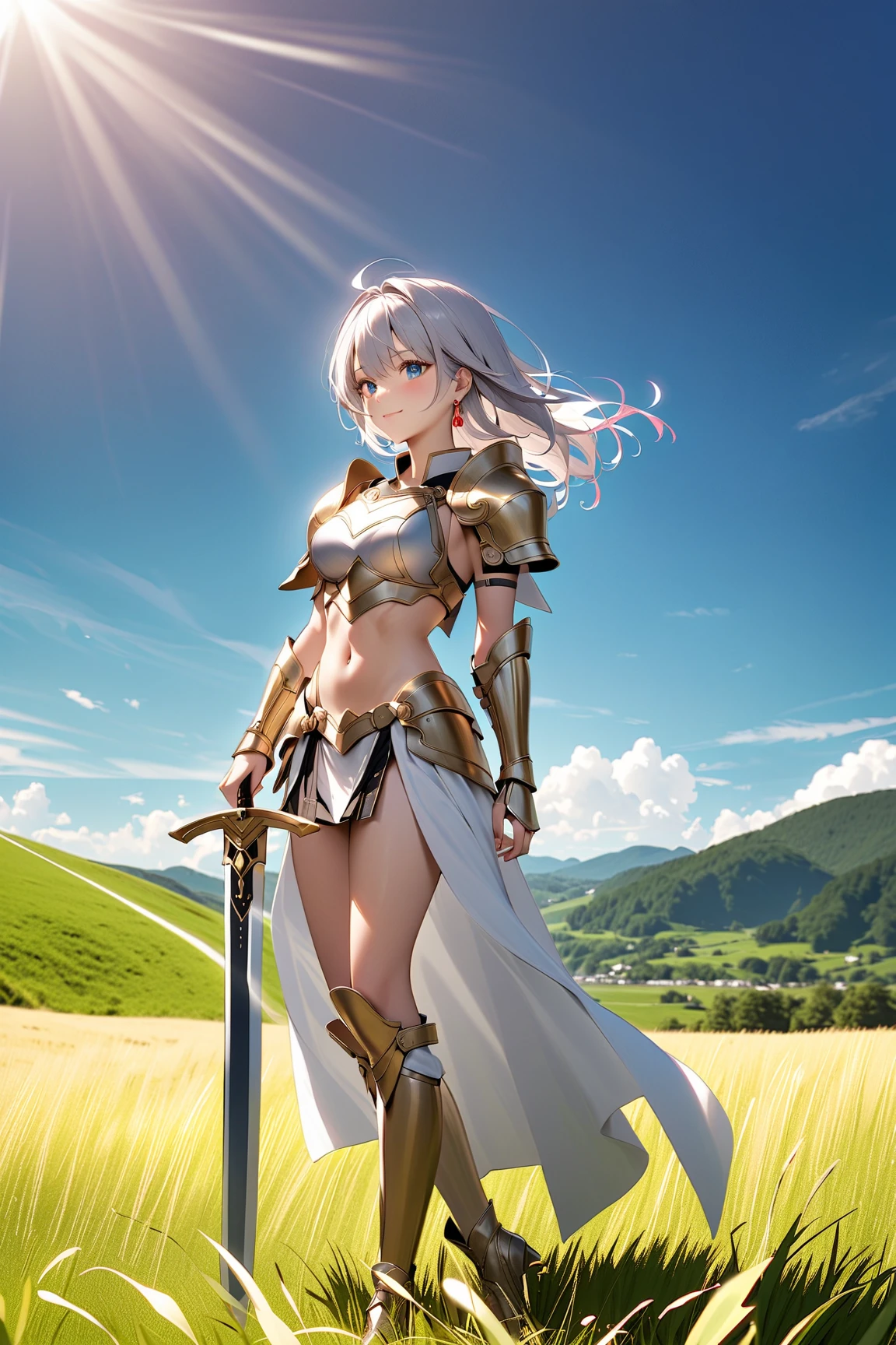 Anime Art、Full body portrait、Warriors in fantasy worlds、In the grassland、１A tall woman, about 170cm tall and around 34 years old, wearing a golden breastplate and shoulder armor and a long white skirt reaching down to her ankles, walking with a steel spear in her hand.、Hair is semi-long、Silver Hair、Expressionless、Golden Eyes、Arm guard、Leggers、Wearing a helmet with wing-shaped ornaments、Flat chest