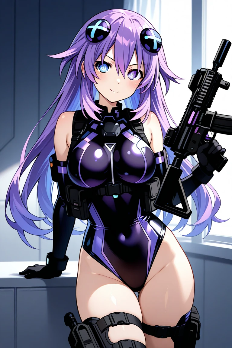 Draw Misha Fox, an anime-style female character. straight purple hair reaching the middle of her back, thin purple eyebrows, purple eyes, smile. small and firm breasts, thin waist, big and perky ass, athletic body. wearing tight black combat clothes highlighting her cleavage, cocking a Desert Eagle pistol ready to go on a mission. scene of a dark room with only moonlight coming through the window. full of weapons scattered on the bed. hair tied up, holster on the right thigh, wearing combat pants and a top with a daring neckline. holding the Desert Eagle pistol in his right hand pointing forward aiming at the viewer with isometric perspective. breasts on display.