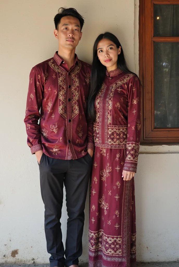 A 73 year old man wearing batik, and a girl wearing batik clothes