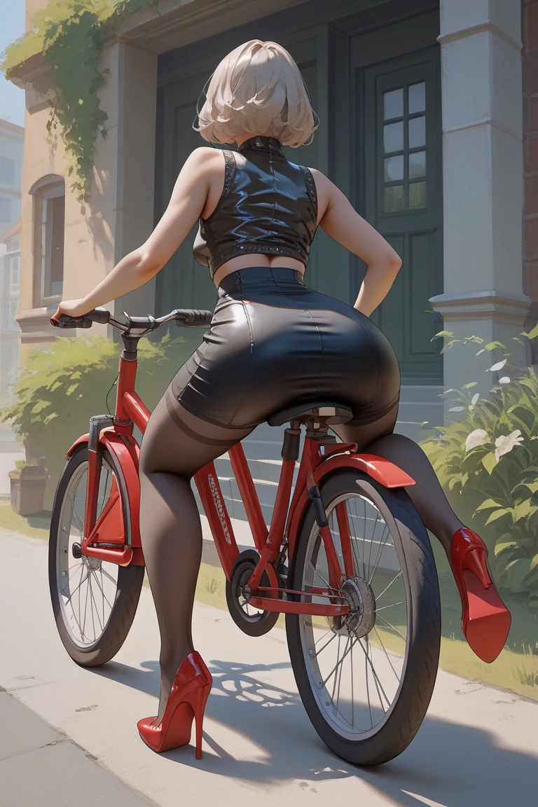 a woman with a big butt and wide hips, her butt is visible in her dress, She is on the motorbike ride in the park, She has a big, round, perfect ass.