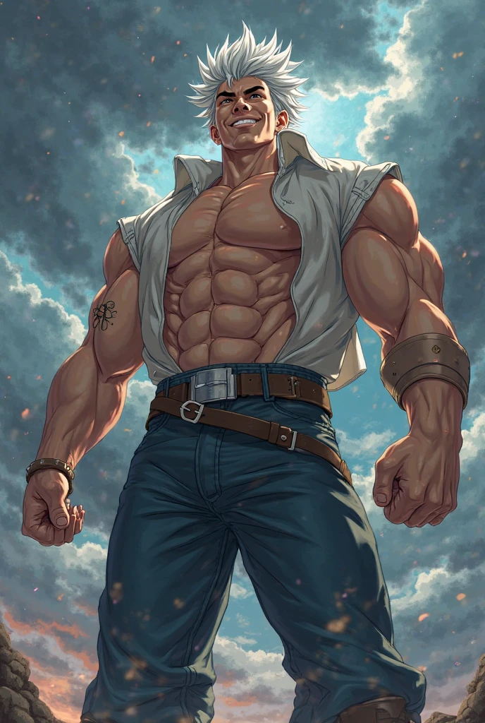 Iskandar,Solo, 1人, Male,Handsome, Boots, Muscular, large pecs,Daily life photos, Rubber pants,Blue sky background,Shirtless