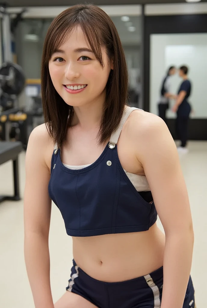 upper body, flat chest, (arms behind back:1.1), make up, sport-bra, smile, long hair