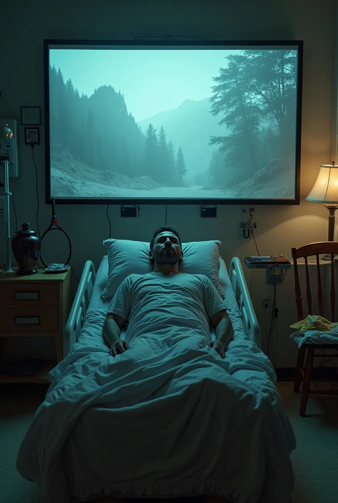 (Masterpiece:1.2,Highest quality,Ultra high resolution,very detailed,realistic,Ultra high resolution,8ก,Wallpaper,(Taking photos in a hospital),(The image shows a detailed picture of a young man lying on a table while exhausted.),nighttime,Thailand,The quiet and eerie landscape,horror