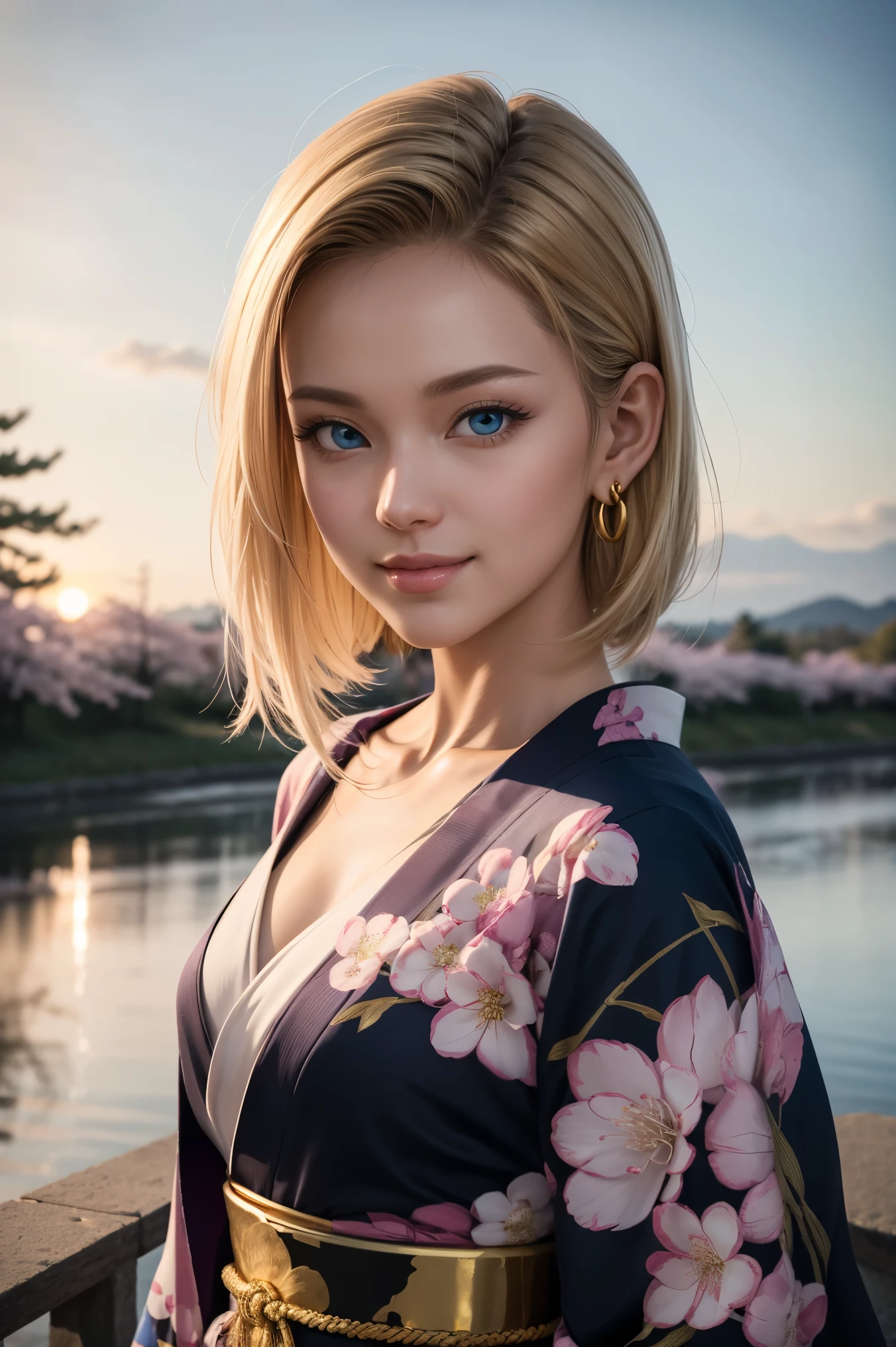 No.18,Dragon Ball Z,Dragon Ball Super,One-length hair,beautiful white blond hair, beautiful blue eyes ,PINK LIPS,white skin,in a cherry blossom colored kimono studded with beautiful gold leaf,smile,ultra-high image quality of processing,super quality,masterpiece,DSLRs,photorealistic, Detailed Details,Vivid details,detailed,Detailed face, Detailed Details,Super Details,realistic skin texture, colorful candy room ,perfect anatomy,anatomically correct hands,anatomically correct fingers,complicated 3d rendering,Gold ring earrings,Mysterious cherry blossom blizzard,sunset,Beautiful Dusk,Beautiful Scenery of Japan,Hair fluttering in the breeze,Beautiful like a painting,takes pictures of Hirose's whole body,9 heads,
