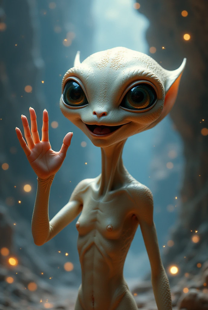 A realistic 4k alien waving to the camera with big eyes