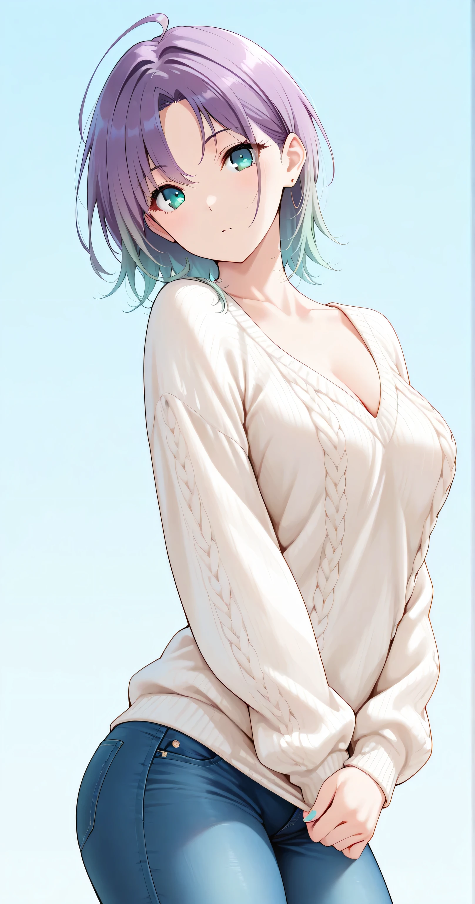 insanely detailed,
She is beautiful,
Cute anime-style girl(1.7),
Toru Asakura, t_asakura,
very aesthetic, absurdres, Alluring mystique, stunning clarity,
Cell-shaded style, vibrant colors(1.7), 2D anime style, flat color(1.7), sharp outlines, strong lineart, crisp edges, high contrast line shading, bold inking, crisp edges,
crisp outlines, clear lines, rich harmonized colors,
Cell-shaded style with vibrant, harmonized colors, highly detailed,
bold yet delicate lines,
Sharp focus, clear lines, crisp outlines, harmonized colors,
sharp focus on eyes and facial details, aqua eyes, ultra-detailed eye contours(1.3), intricate iris patterns(1.3)
beautiful eyes, Clear eyes, detailed irises, gentle shading, exquisite eyelashes, Long eyelashes, delicate eyelash highlights,
ahoge, gradient hair, light purple hair, silky smooth hair, delicate strands,
Slender body, slim and curvaceous figure, shapely legs,
Beautiful breasts, medium breasts, soft and natural, beautiful clavicle and cleavage, (Full and soft breasts), (Perfect curvy figure),
flawless porcelain-like skin, dewy radiance,
soft ambient lighting,
gradient blue background,
1girl, solo, no additional characters,
Masterpiece, best quality, ultra-detailed, 8k resolution, vibrant, high contrast, newest,
Perfect anatomy, visible fingernails(1.3), no tattoos or symbols on face(1.9).
head tilt, Hip sway, open stance,
expressionless, looking at viwer,
cowboy shot, side view, extreme close-up view,
perfect anatomy, correct hand structure, 4 fingers and 1 thumb, elegant and natural pose, visible fingernails(1.3).
{denim pants}, {indigo fabric}, {sturdy cotton construction}, classic silhouette, everyday casual wear, {jean styling}
{untucked loose spring knit}, {light sweater}, {cotton construction}, {breathable design},{pastel color}, {soft hue}, {spring palette}, {delicate tone}, {seasonal shade}
Highly detailed face, refined body, flawless skin.