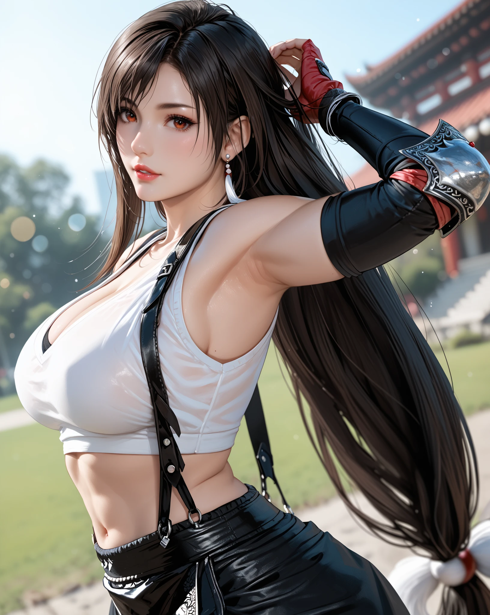 (8k, best quality, masterpiece:1.2), (realistic, photo-realistic:1.37), ultra-detailed, 1 girl,cute, solo, (tifa lockhart), (huge breasteautiful detailed eyes), (smile:1.2), (closed mouth), erotic pose, dancing, neon lights, cityscape, depth of field, dark intense shadows, sharp focus, cars, motion blur, motor bikes, depth of field, good composition, green glowing light, Final Fantasy VII, dating,(nose blush), single elbow pad, ankle boots, black hair, black thighhighs, red boots, elbow gloves, elbow pads, fingerless gloves, taut shirt, sports bra, (suspender black skirt), thighhighs, white tank top, full body, head rest, lips, pretty face, low-tied long hair, ((red_eyes)), yellow flowers, (night:1.3), intricate, bokeh, cinematic lighting, photon mapping, radiosity, physically-based rendering, (Tetsuya Nomura style), nsfw, perfect breasts