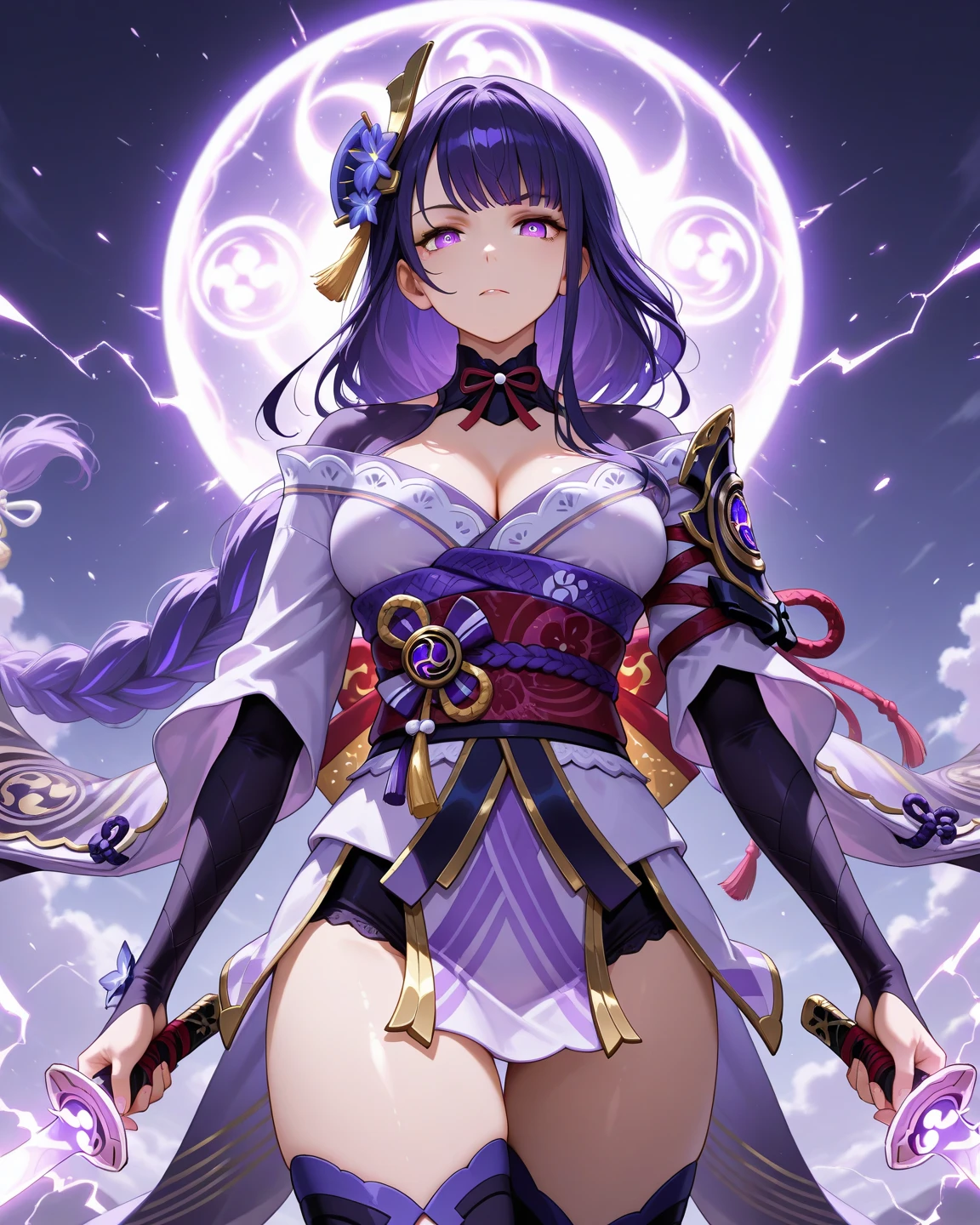 ((Image from the waist up:1.4))Japanese Shrines, (Highest quality,Realistic,masterpiece:1.2,8k wallpaper:1.2),((Pale skin)),One Girl,women only,((raidenshogndef))((Genshin Impact,General Raiden)),Lightning Particles,Purple Lightning,Light background,cherry blossoms,Purple Theme,Delicate facial features,Sexy and beautiful anime girls,General Raiden,Long purple hair,Rosy lips,Anime Mouth,large breasts, Beautiful cleavage,Slender figure、Thin legs、smile