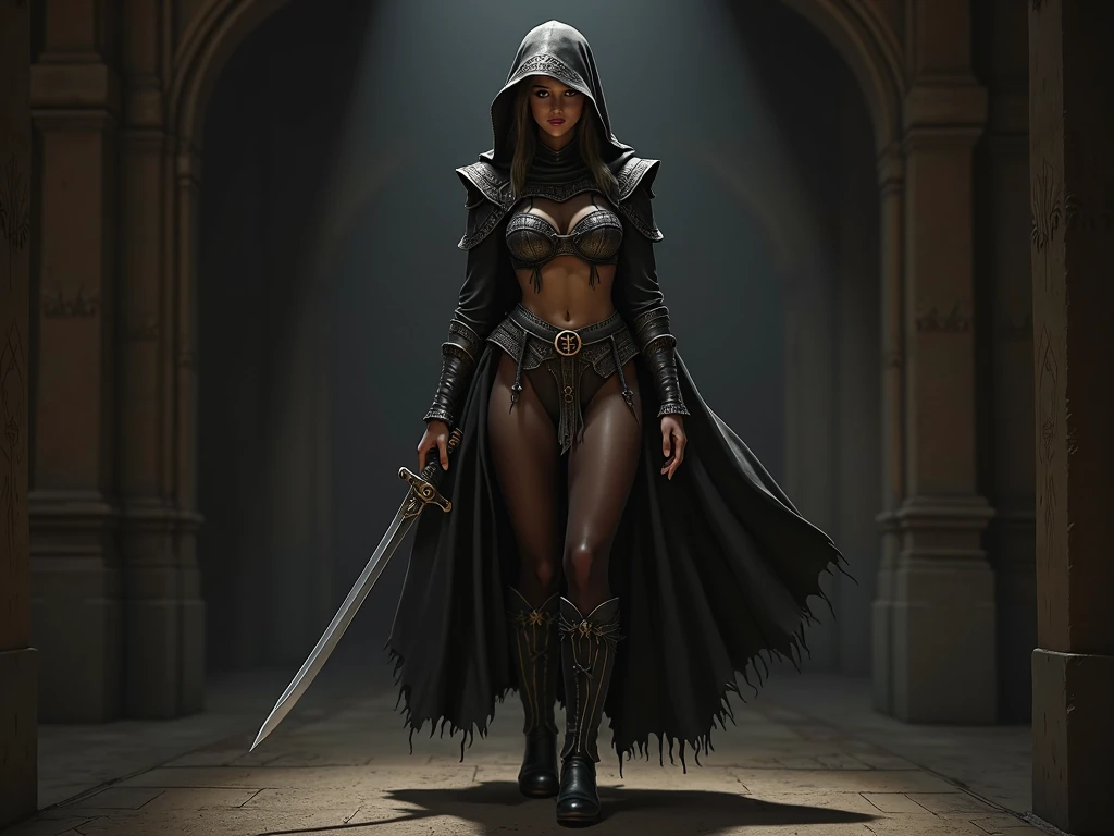 Beautiful nude female Angel of Death, wears crimson cape and black hood, glowing orange eyes, pale porcelain skin, holds in her right hand a shiny sharp scythe with grotesque details and in her left hand she holds an ancient and arcane steampunk style hourglass, the background is apocalyptic with fires and destruction everywhere, cinematic lighting, hyper-realistic, photorealistic, artwork, 8k, dark fantasy style, highly detailed image
