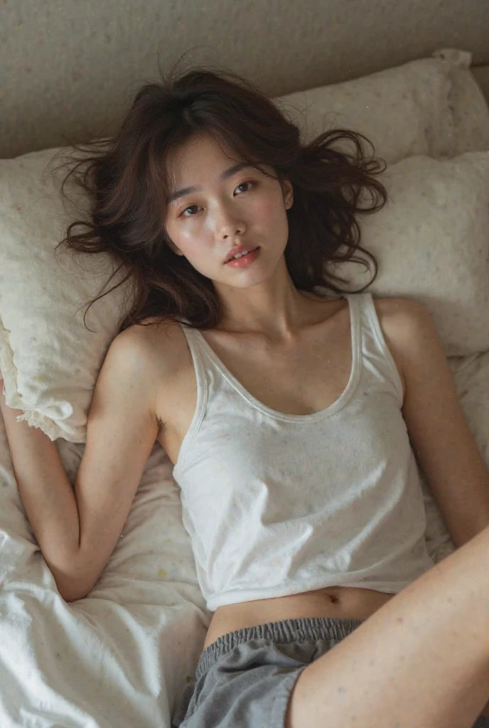 ((Realistic lighting, bestquality, 10, masterpiece: 1.3)), Clear focus: 1.2, 1girls, Perfect Figure: 1.4, Slim Abs: 1.1, ((Short dark brown hair)), (white crop top: 1.4), in the bedroom, Small breasts, super beautiful face., Fine Eyes