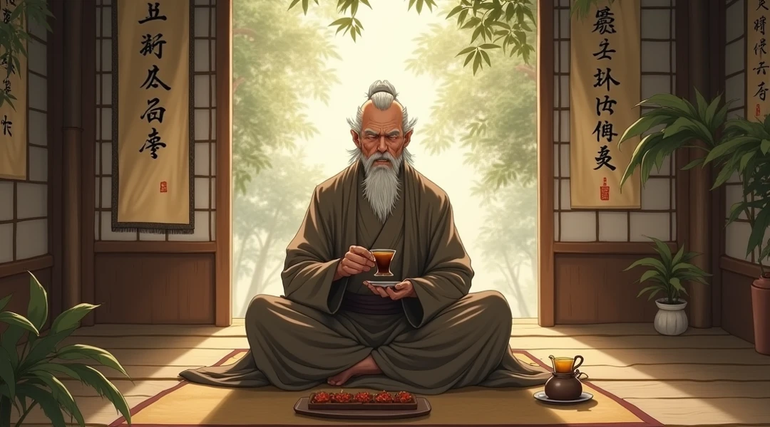 A wise old Japanese man with his cup of tea , The background of the image is black in anime mode so the old man is on the right side of the image