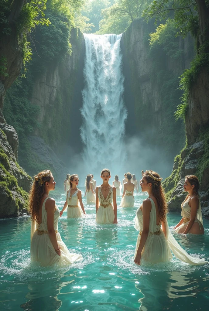 there are body three small greek woman swim and talking together, river, water, lotus, lotus litter flower, plan, tree far away, dramatic sky, dramatic cloud, on a dust field, naked, female greek,female greek god, white hair, hairy torso, fantasy, intricate, elegant, highly detailed, digital painting, artstation, concept art, smooth, sharp focus, illustration, naked
