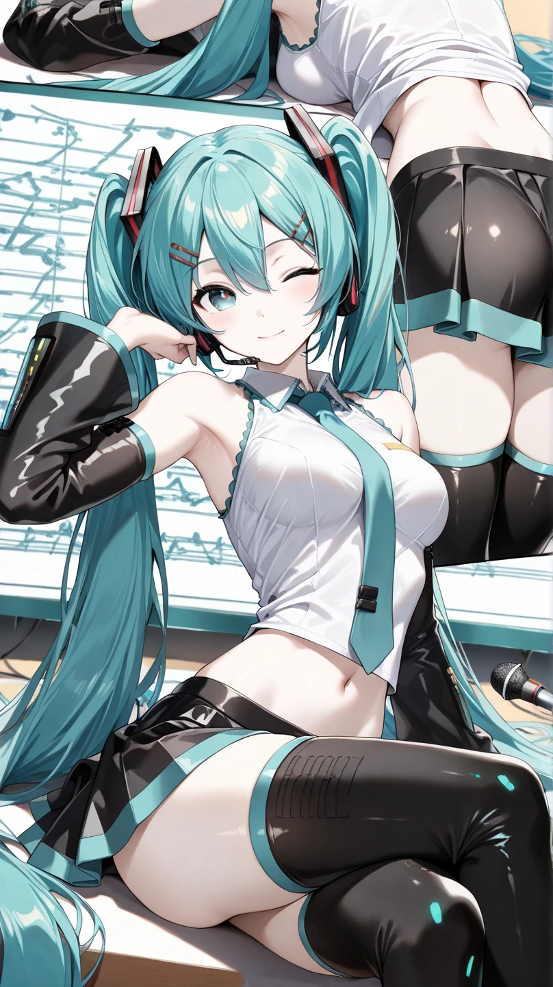 ((Tabletop, Highest quality, High resolution, Hmph, Pixel perfect, Depth of written boundary, 4K, )), One Girl, alone, , Beautiful Anime, Beautiful art style, close, View your viewers, Perfect body, Hatsune Miku・VOCALOID, Light blue hair, (Large Breasts), belly button, Blush all over face, smile, Thighs Thighs Thighs Thighs, ((Race Queen)), mini skirt, High leg, White Background, Take the lead, Raise the checkered flag, Cowboy Shot, concentrated,