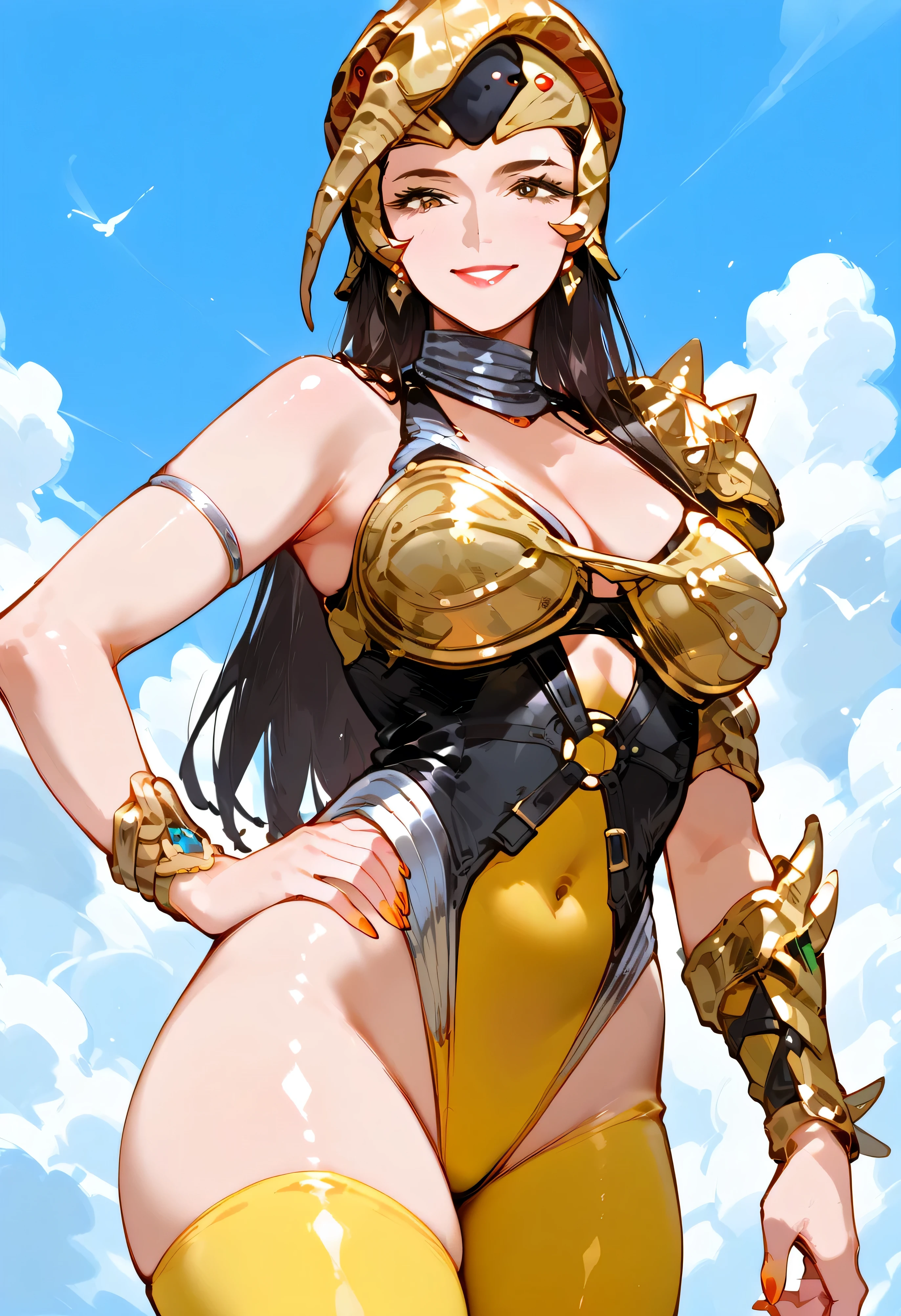 Splatoon girl by Hajime Sorayama、Portrait of a Knight, armor, Large Breasts, Cleavage、Golden Eyes、Golden tentacle hair、Metallic tentacle hair、A slightly thinner face、Perfect slim fit body、Brave standing、