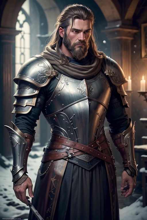 a medieval knight templar, ornate armor, crusader cross pendant, medieval tavern interior, resting, detailed, realistic, (best quality,4k,8k,highres,masterpiece:1.2),ultra-detailed,(realistic,photorealistic,photo-realistic:1.37),HDR,UHD,studio lighting,ultra-fine painting,sharp focus,physically-based rendering,extreme detail description,professional,vivid colors,intricate details,dramatic lighting,cinematic