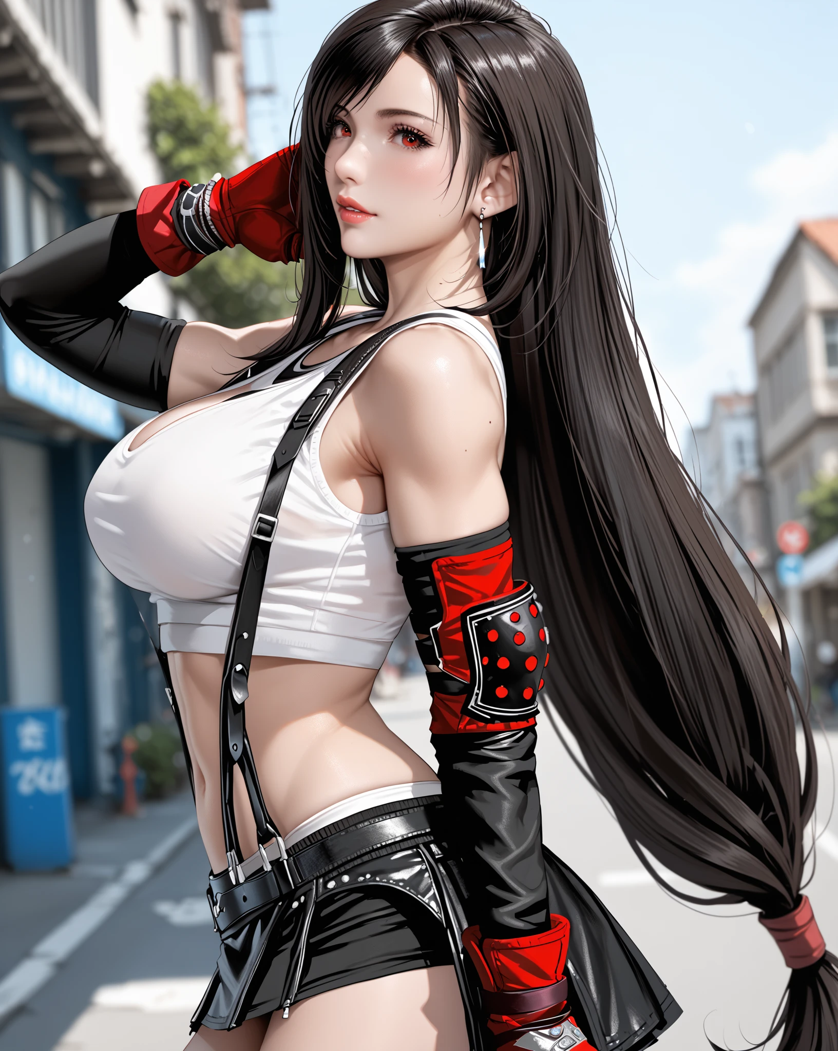 1 woman 30 years old, One, long straight black hair, bang,I look at the viewer, detailed eyes, shy smile,Jewelry, medium breast, earrings,belt, blue leather jacket over a tight red t-shirt,mini skirt,sheer white tights,NECKLACE, bracelet, lips,((Dynamic angle)),