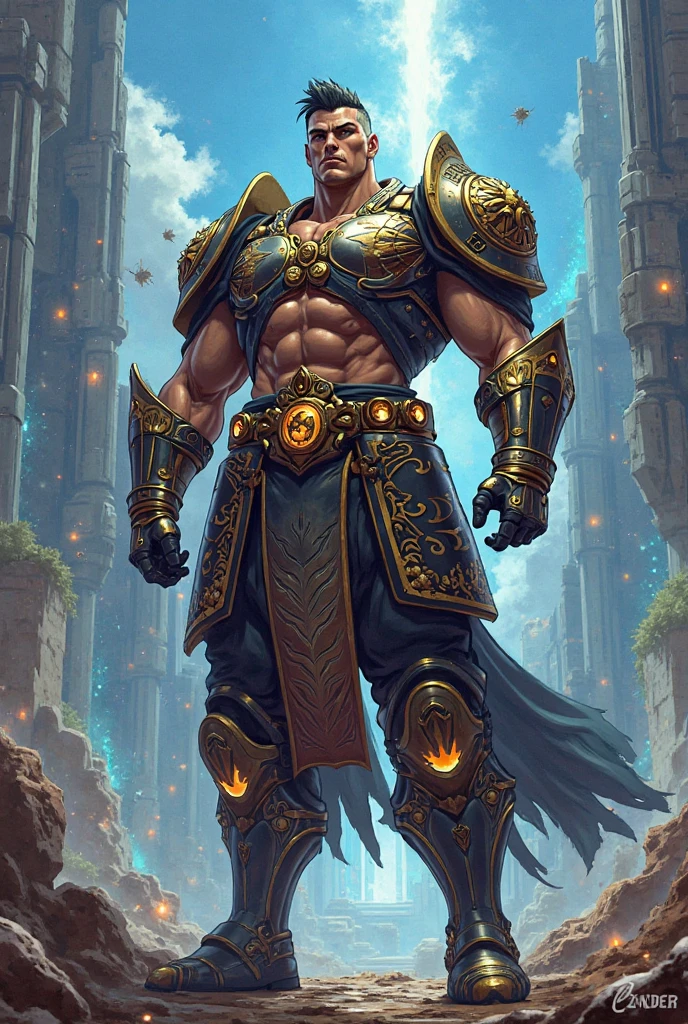 Man with very bright yellow eyes and burning body with closed fists and large arms and stone skin very furious with serious pose and arcane stone armor with stone scales and male shoulders fire and blazes and gray background