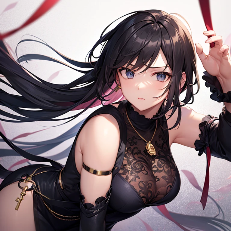 (Masterpiece:1.2, high quality), (pixiv:1.4), (1girl:1.2), (solo:1.2), (smooth:1.2), (Yor forger), (confident), slightly blushing, glossy lips, red eyes, black eyeshadow, pale white skin, black hair, bangs, bangs over eyes, collarbone, off-shoulder long frock, black clothing, slightly exposed cleavage, (medium breasts:1.2), (pov thighs), view feom below, looking away, slim waist, ultra detailed, soft lighting, high contrast, blur, highly focused face, (detailed face), intrinsic details, vivid colors, HD, 4k, artistic background, background wall with black and white stripes
