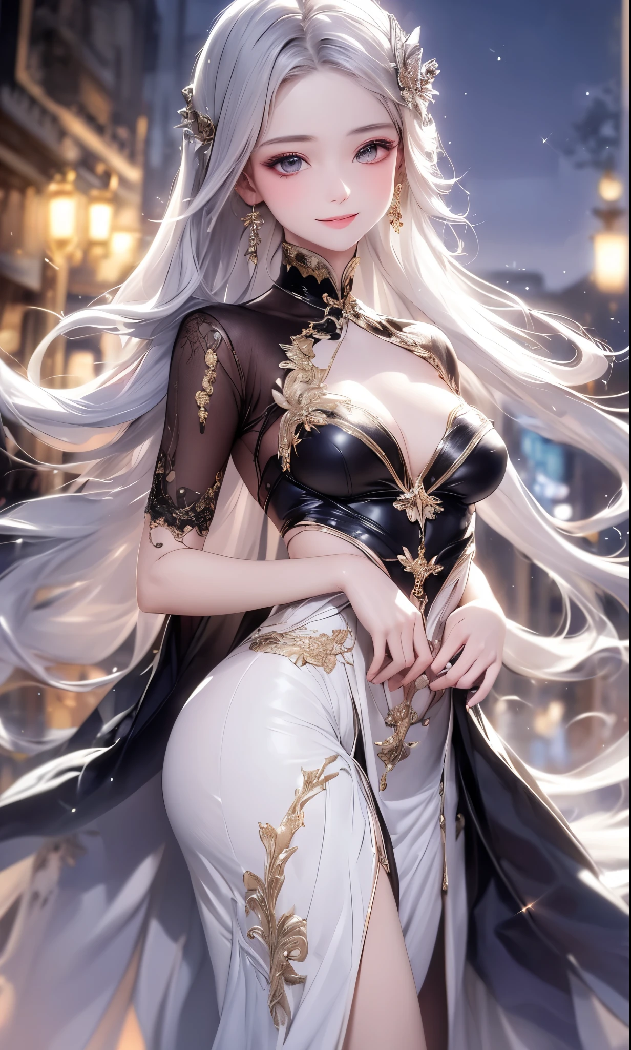 moon temple (masterpiece, best quality):
1 girl, solo, named Kala, adorned with white hair cascading down her back, eyes as deep as the universe's purple hue, and a face that radiates heavenly beauty. Her long hair flows in the gentle moonlight, highlighting her silver ornaments and intricate details in her dress. The moon temple, with its sacred waterfalls, stands tall against the starlit backdrop, a heavenly place in the moonlight.
Kala, dressed in a graceful, black elegant Indian dress with thin straps that leave her bare shoulders exposed, wears silver jewelry and silver details that sparkle under the moonlight. Her long