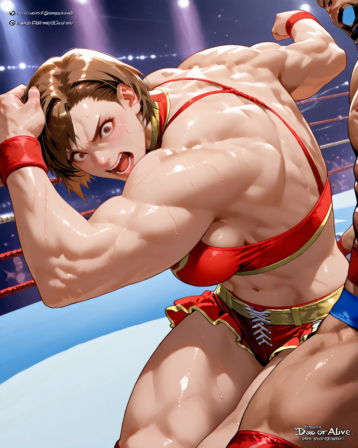 naked very muscular girl, stands tired in fighting pose beaten and knocked out in the boxing ring, tired, sweat, Ready for love, shy look, huge strong muscles, very large breasts, Colorful, Hair flutters、ephemerality、8K、masterpiece、bright