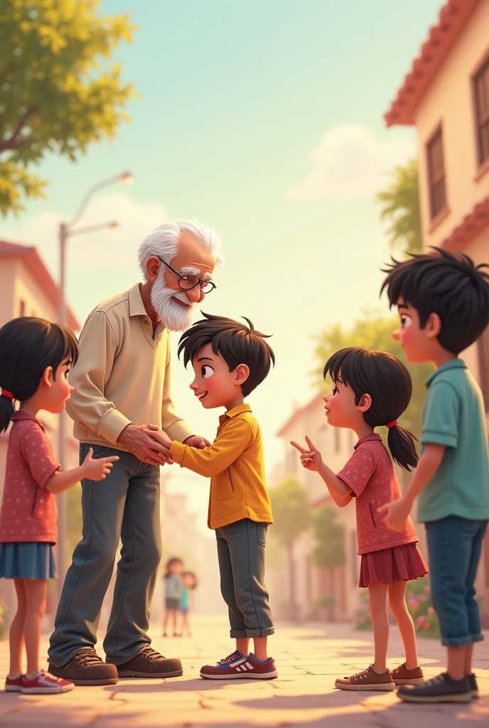 A 2 boy try to talking with middle age peoples in which 2 females and 4 males who standing Infront of his , the boy opening his hands and try to explain something, background is a normal road, evening time, 8k very ultra realistic