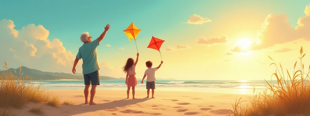 children (flying a kite, on a beach) --auto --s2