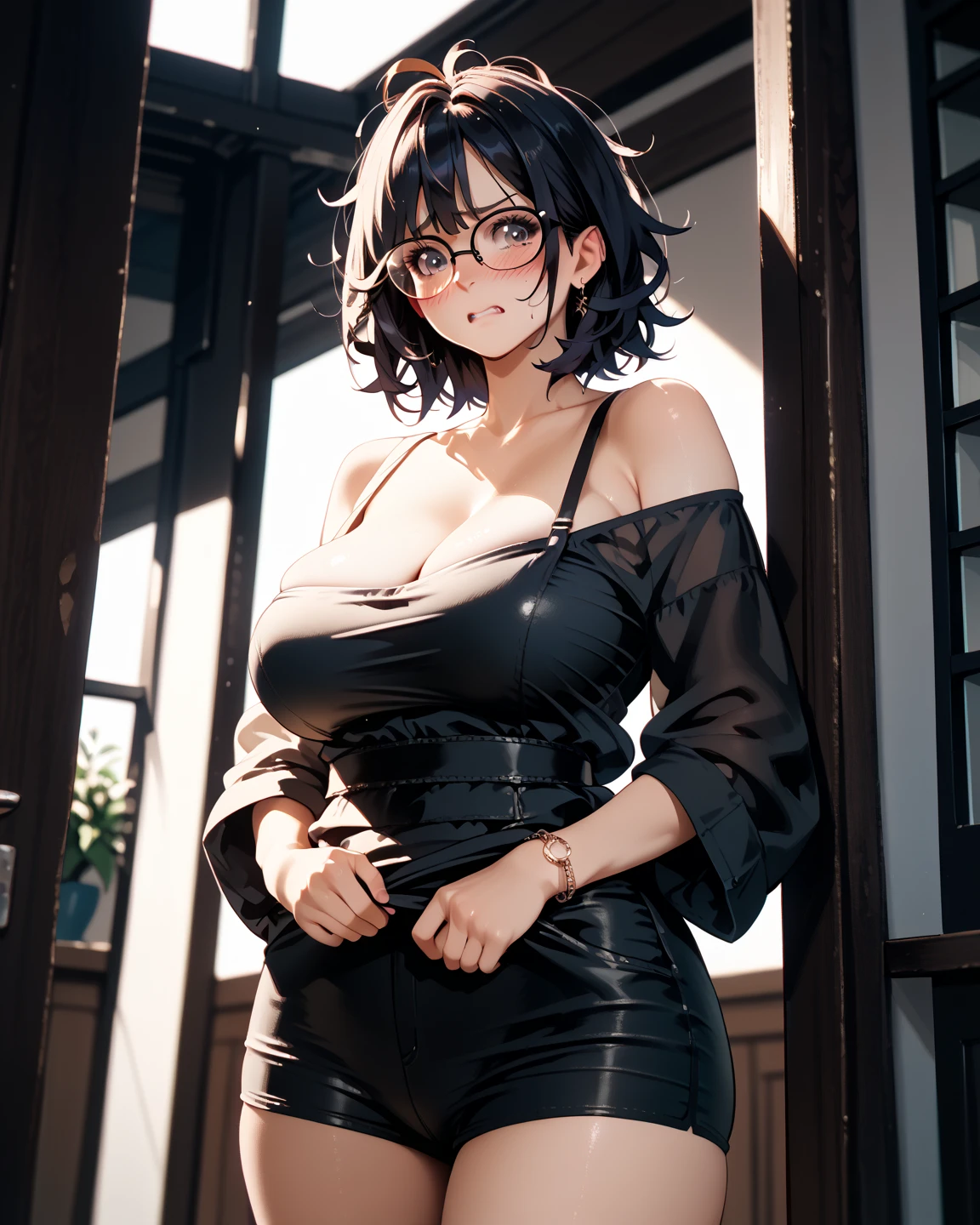 (pov),(best quality, masterpiece,(a beautiful 40yo japanese milf and gets fuck vagina by a man on floor, cock deep in vagna),(having and showing a her photo ID card to the viewer :1.3),(missionary),(oily skin),(milf is (heavy makeup:1.2),red choker,glasses,naked,(naked huge breasts),(bottomless),(sexy pose),(naked pussy),(cum in pussy),(hairlessness),(black haircut of one length,side undercut),(smirk,ecstasy),(hardcore sex),(absurdres:1.4),(in slum)