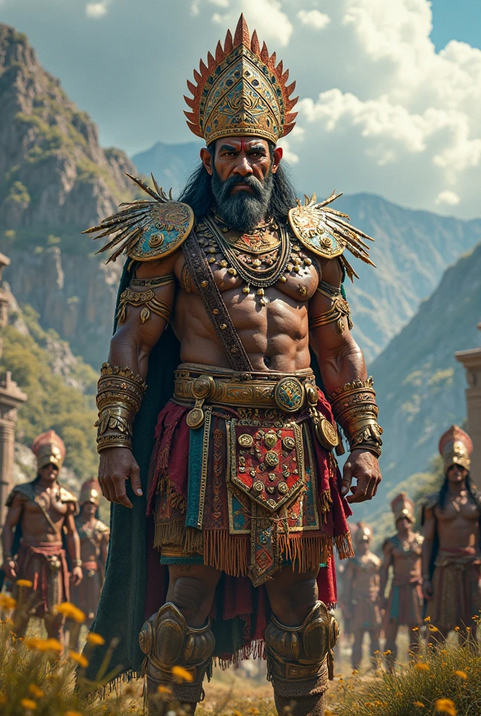 A man in costume、Close-up of man wearing large headdress, Revelation, movie still of aztec cyborg, mayan jaguar warrior, scene from live action , wearing tribal armor, mexican warrior, still from a live action movie, Mohawk, an aztec warrior, an an aztec warrior, an aztec warrior, still from a fantasy movie, Movie screen shot,