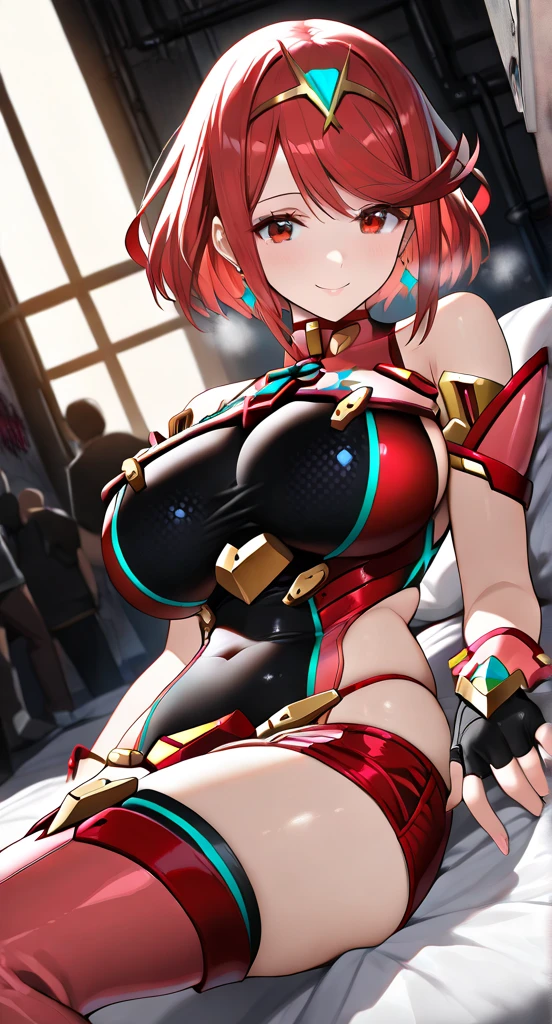 red translucent armor,Arm mecha,Short golden hair,Long ponytail hairstyle,Large Breasts,Cleavage,Pistol hanging from waist,fighter pilot,fighter hangar,sexly,Lipstick,miss,Golden Eyes,stockings,Short skirt,Nipple showing