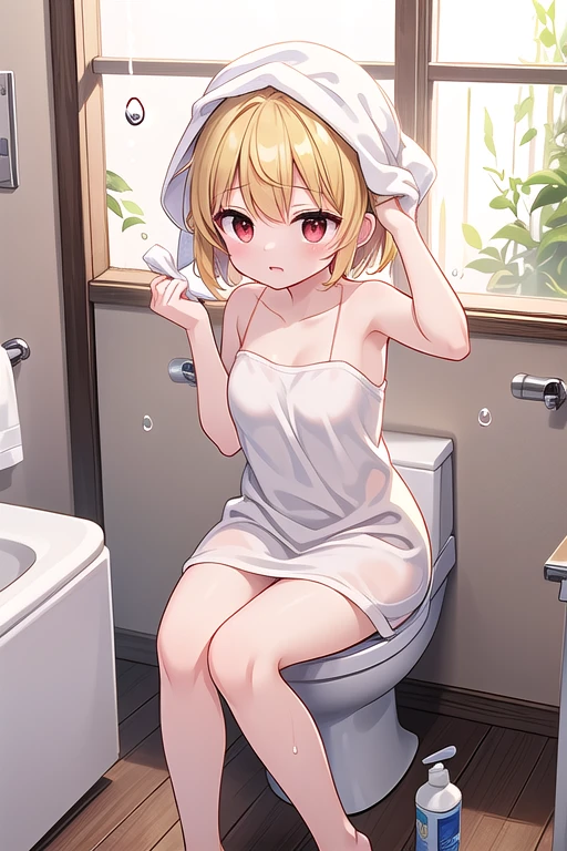 Highest quality、Ultra-high resolution、Fantasy、roleplaying game、 busty with no clothes on posing embarrassed on the floor、Inside the toilet