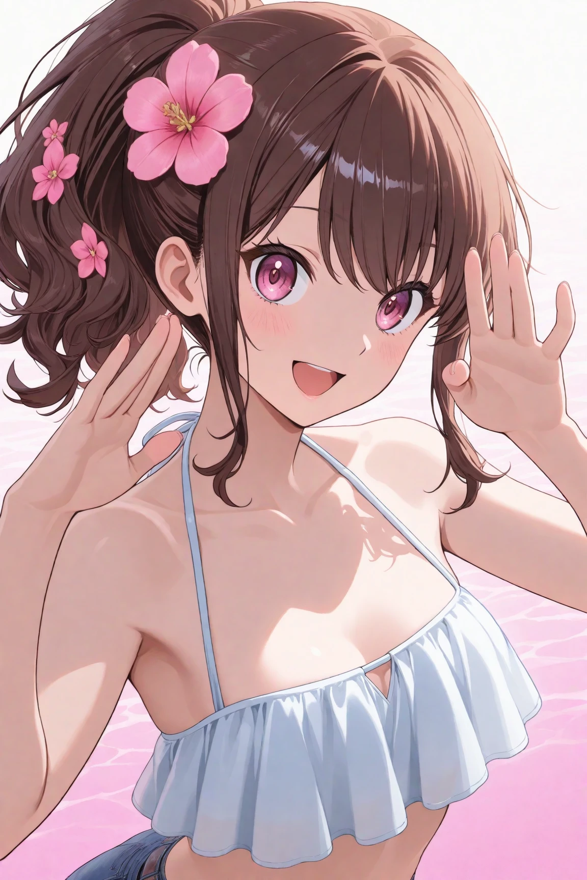 anime girl posing for a deodorant advertisement, exposing her underarms.