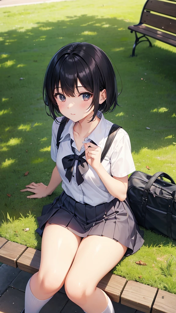 middle School girls、Black Haired Beautiful Girl、Short-sleeved uniform、White blouse、Loosened tie、Collarbone in full view、valley、Navy Pleated Skirt、Hide your arms behind your back、Sexy thighs、Inner thighs、Black socks、garden、Sit on a bench