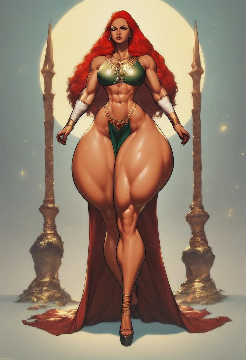 rear view of a -mature-ebony-fighting-woman--beautiful-and-beautiful-perfect-african-woman- red color rasta hair, con adornos de oro en el cuello-cara perfecta- nariz perfecta,  ojos perfectos, labios gruesos y perfectos, pechos grandes, pechos enormes con pezones marrones duros--piel negra---cuerpo hermoso-hermoso-sexy-delgado----hermosas piernas curvas, con adornos, perfect body anatomy - sexy pose - eternal woman - turning to look at the viewer - fantasy - art in action - painting - of - high-definition digital art