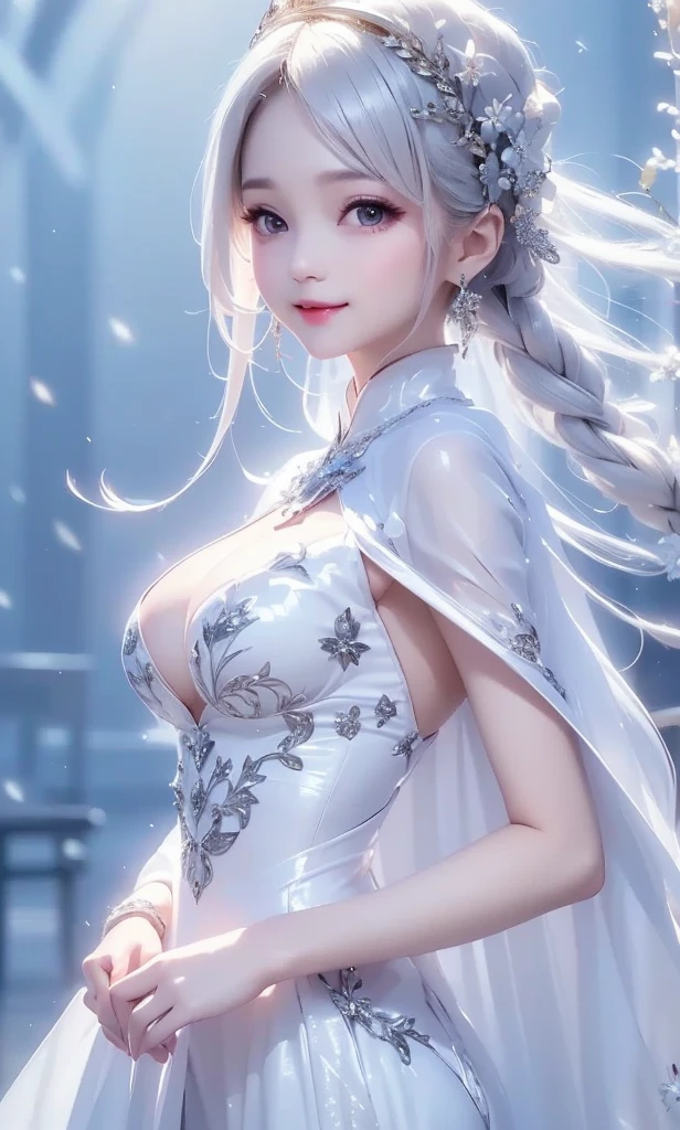 (Close-up)((masterpiece:1.5、8k、Tabletop、Photorealistic and very detailed CG、Very detailed、Particle Effects、Dynamic Effects、Written boundary depth、Cinematic Light、Lens flare、Ray Tracing、Tabletop、Realistic:1.4、超A high resolution、Realistic、Realistic))((alone、 (Thick fur collar cape:1.1)、Off-the-shoulder dress、Elegant woman posing、Detailed face、brightexpression、young, bright, Whiter skin、medium beauty breasts、Best Looks、Ultimate beauty、White hair with shiny highlights、Bright and shiny straight bob hair、Hair dancing in the wind))(morning、fantastic snow background,white thin cloth)